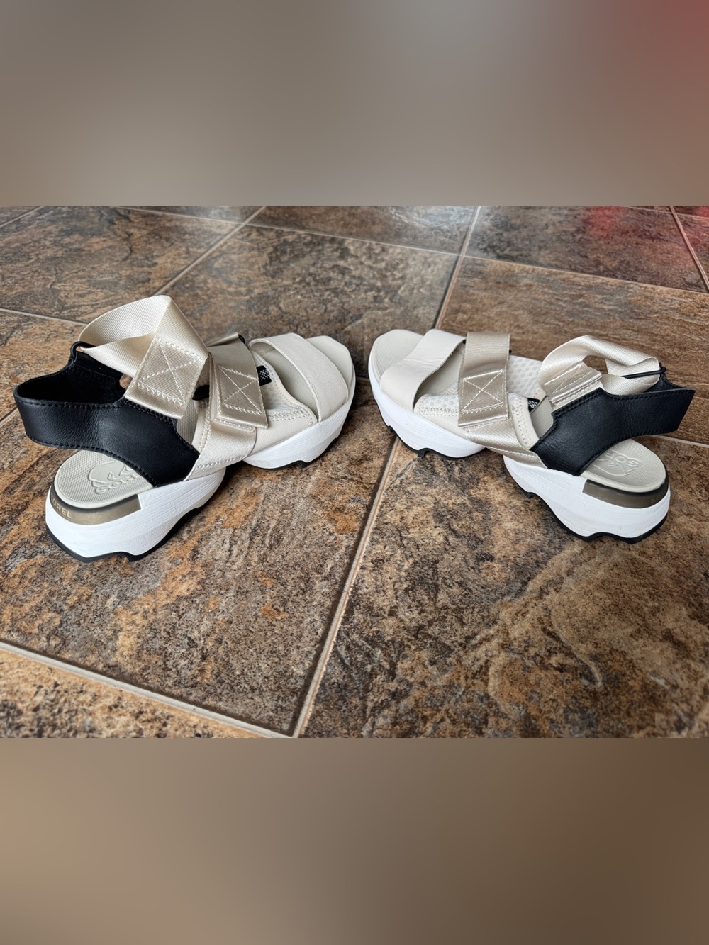 Sorel Kinetic Impact Sporty Leather Mesh Sandals- Cream/Black, Women’s Size 7